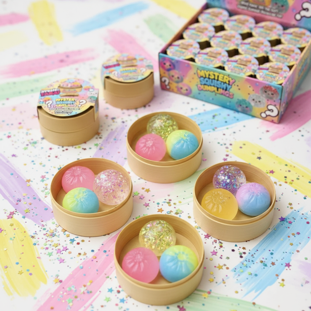 Irresis-TABA Mystery Squishy Dumplings squishies colorés sur fond festif avec confettis
