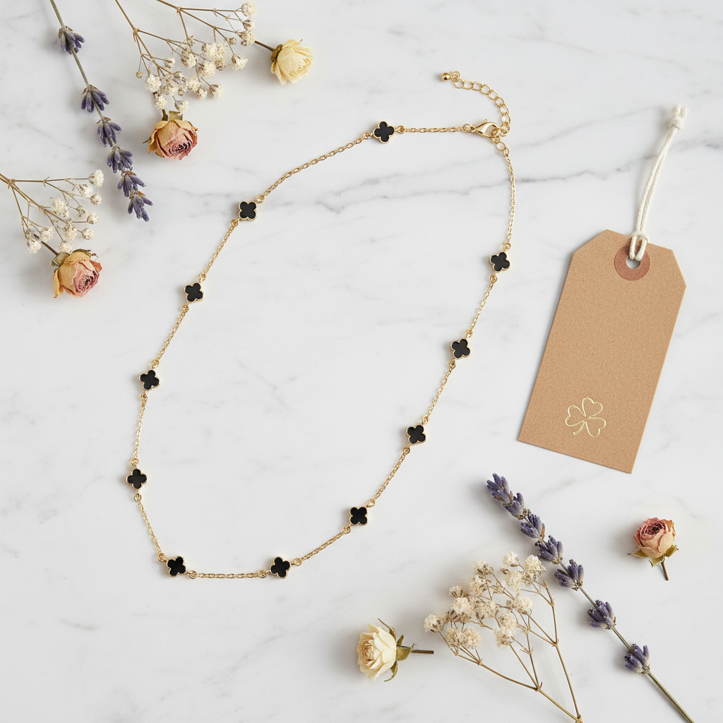 Flat lay collier trèfle émail noir sur marbre blanc
