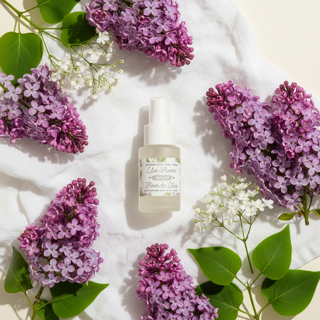 Huile parfumée Fleur de Lilas Dot & Lil flat lay minimaliste