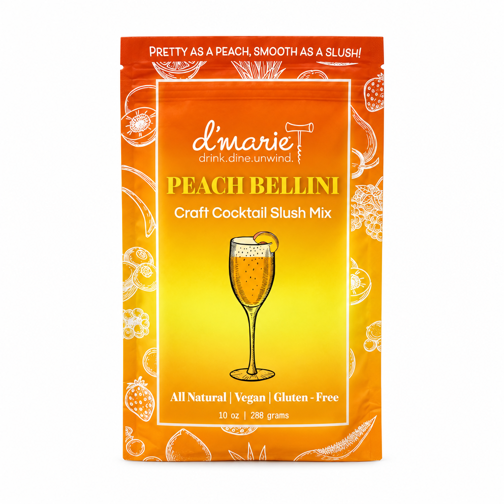 Pochette D’Marie Peach Bellini Craft Cocktail Slush Mix sur fond blanc carré, indiquant 10 oz et 288 grams