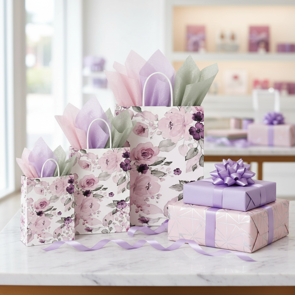 Sacs cadeaux fleuris sur comptoir marbre avec rubans et nœuds