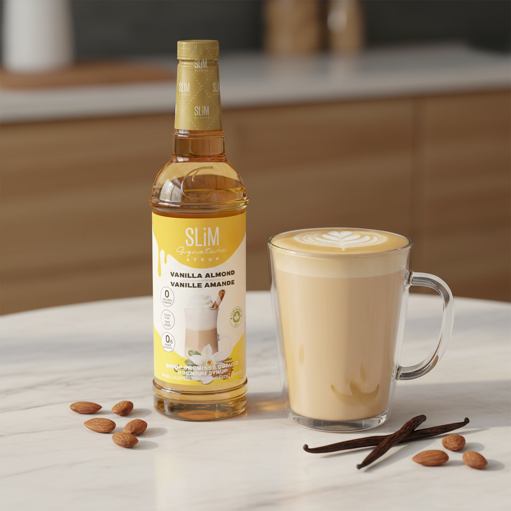 Sirop SLiM Vanille Amande avec latte crémeux, art latte délicat, amandes et gousses de vanille, ambiance café élégant