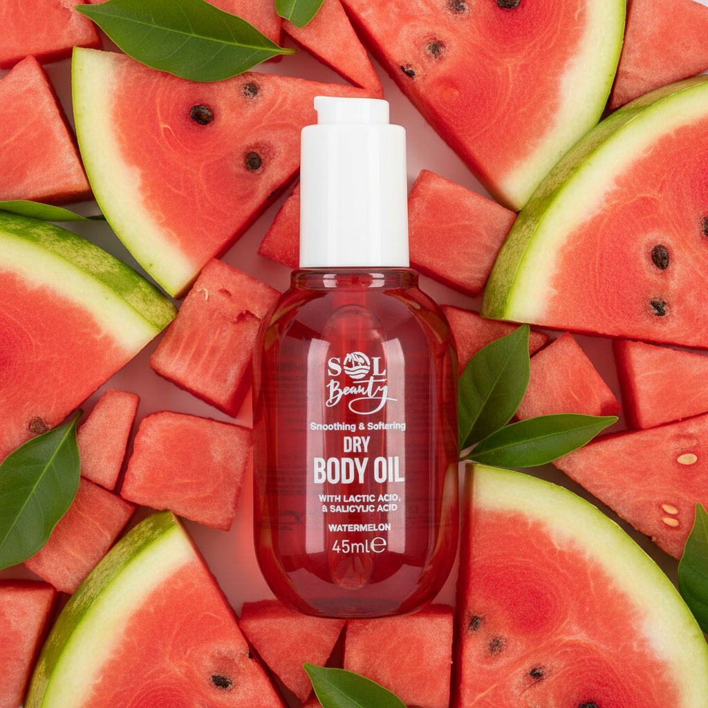 Huile sèche corps Sol Beauty Melon d’eau sur fond blanc avec tranches de pastèque fraîches