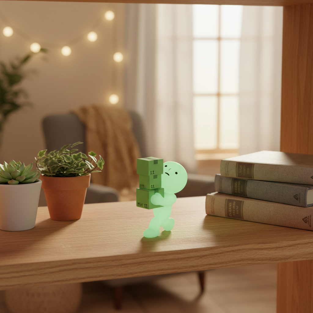 Petite figurine fantôme kawaii vert portant des cartons sur étagère en bois avec plantes et livres