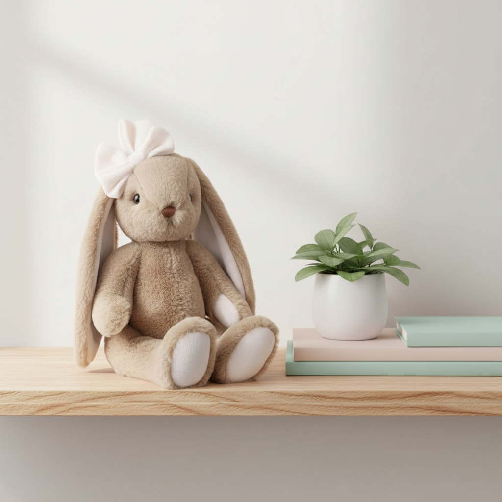 Lapin Gabrielle Bukowski sur étagère en bois avec plante et livres