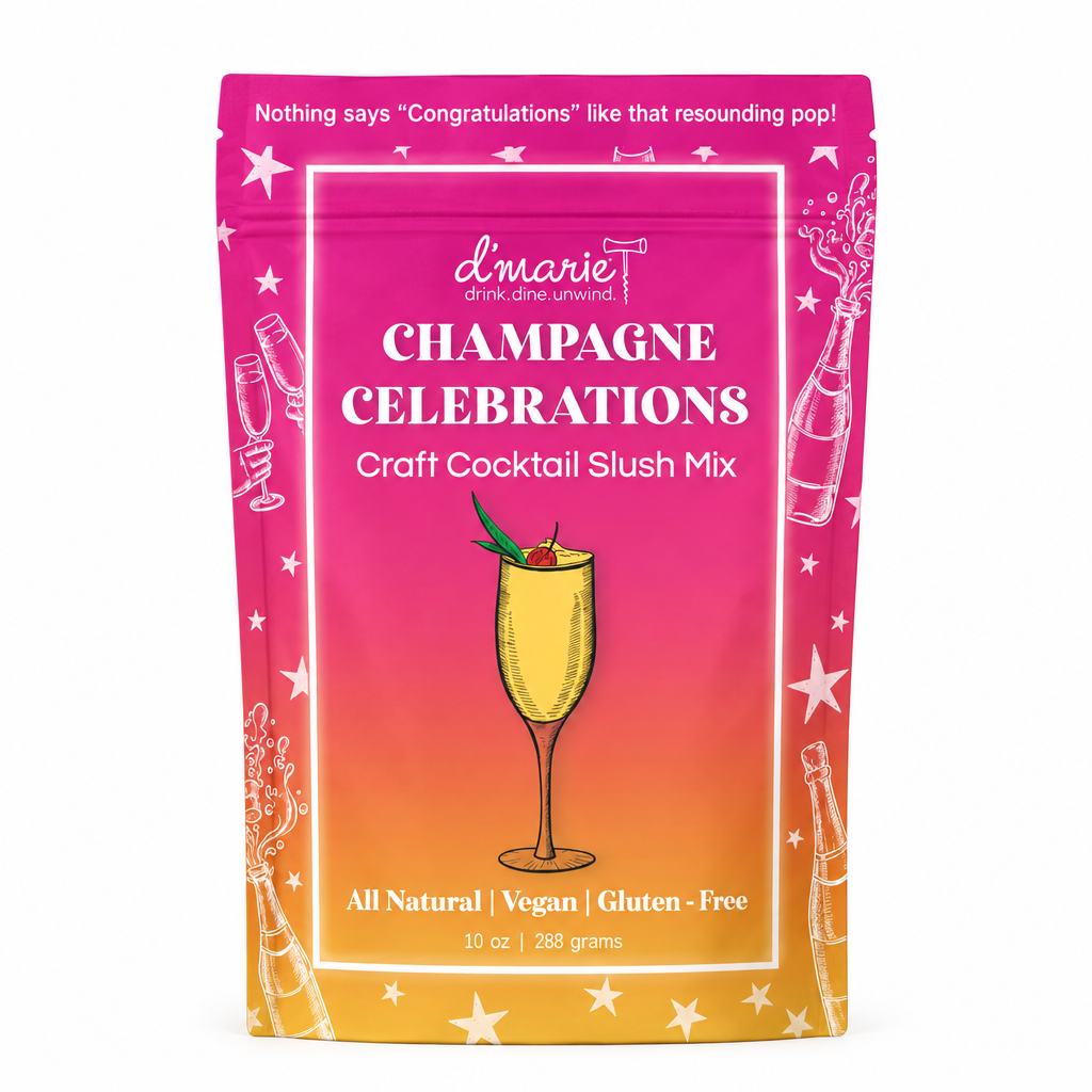 Pochette D’Marie Champagne Celebrations Craft Cocktail Slush Mix sur fond blanc carré, indiquant 10 oz et 288 grams