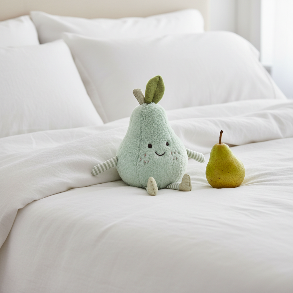Poire Perfect Verte peluche sur lit blanc liné avec une vraie poire