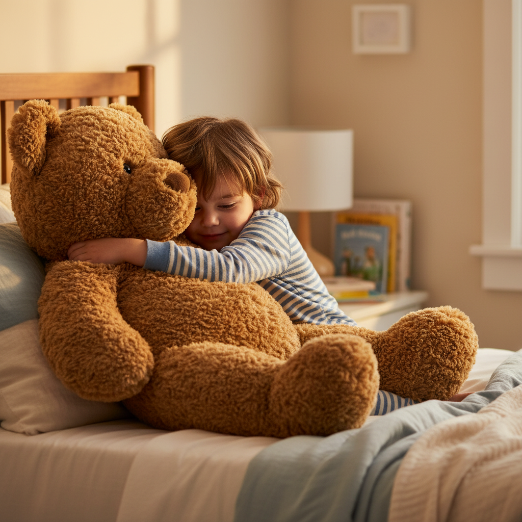Enfant en pyjama qui câline l'ours géante Jellycat Bartholomew