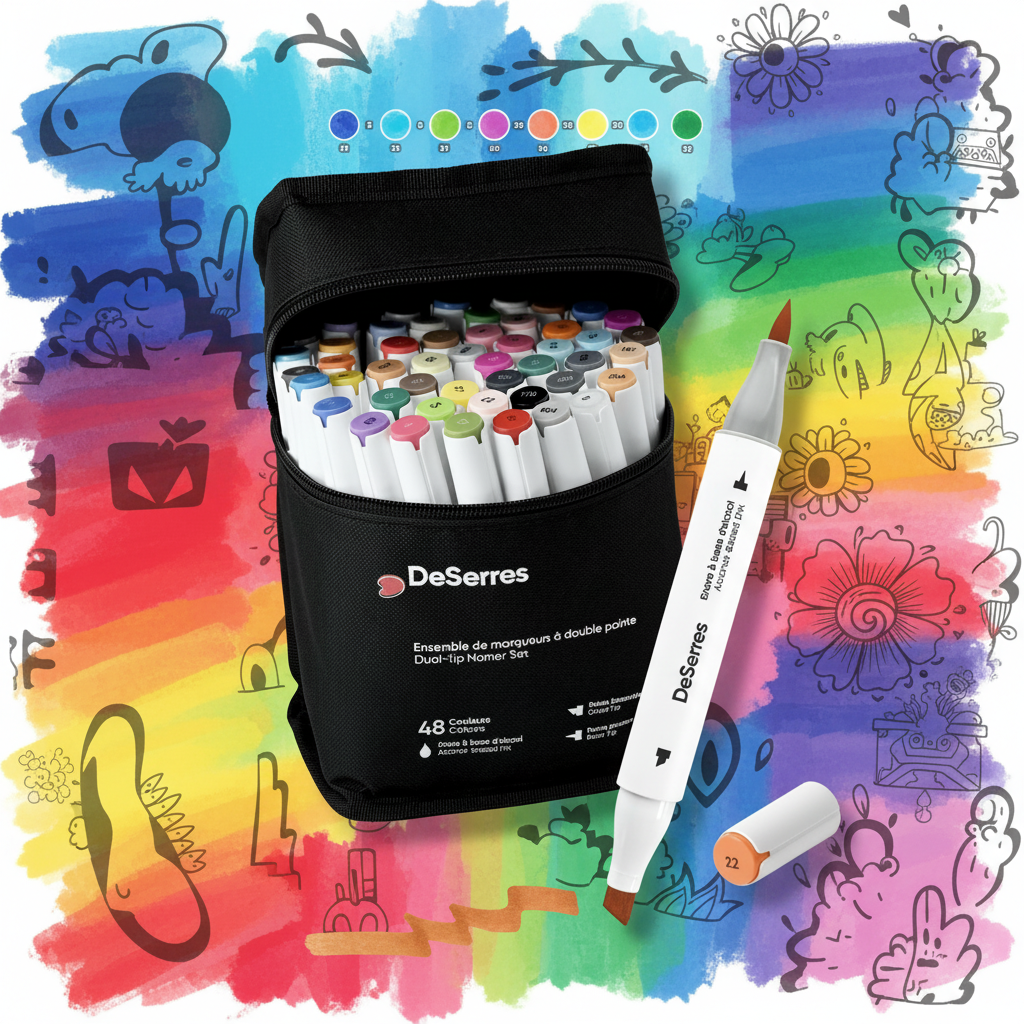 Ensemble de marqueurs à l’alcool DeSerres 48 couleurs dans pochette noire avec swatches colorés sur fond blanc
