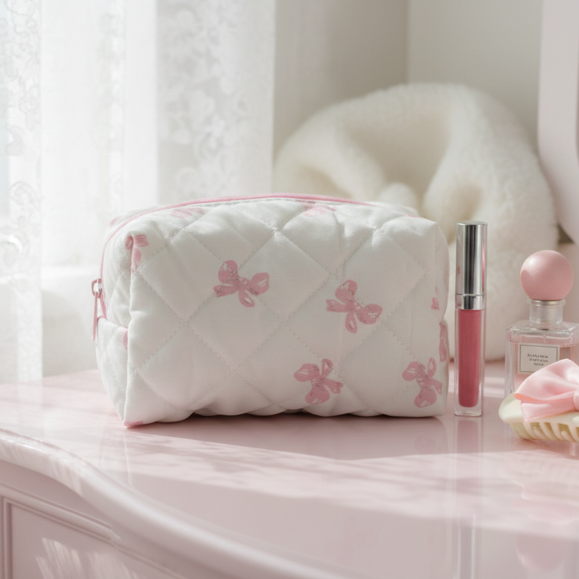 Trousse cosmétique matelassée nœuds roses Josslyn - lifestyle coquette