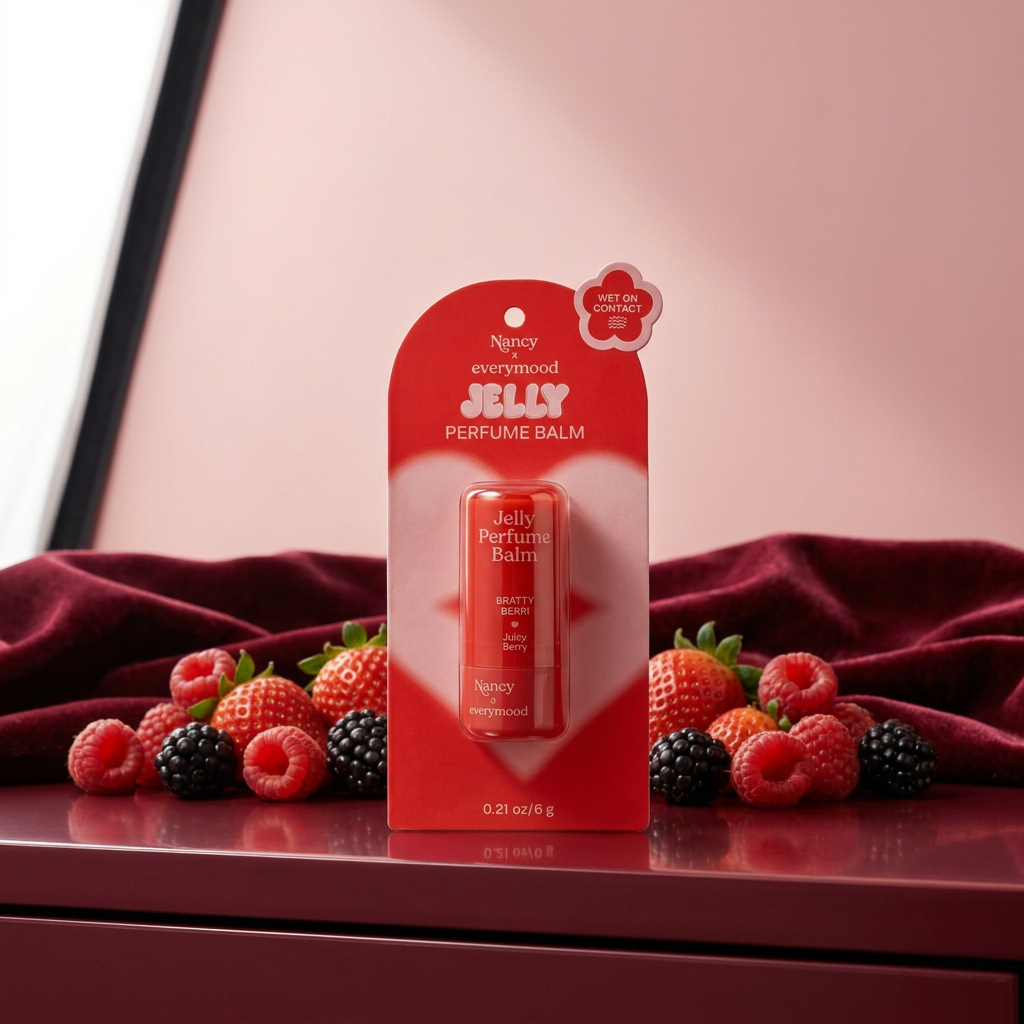 Mini baume parfumé baies dans son emballage individuel, dans un décor beauté rouge et rose avec de petits fruits.