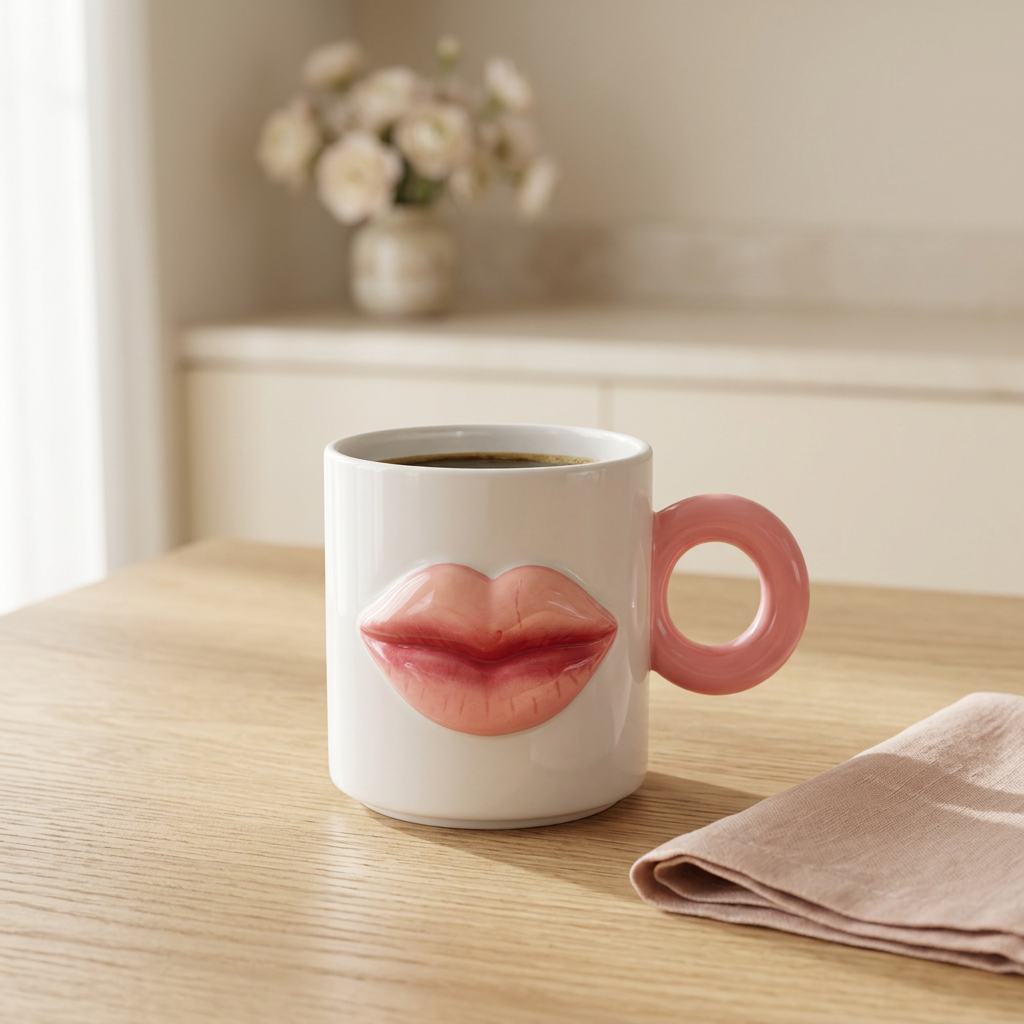 Tasse Angelina blanche à lèvres roses en relief sur une table de déjeuner lumineuse.