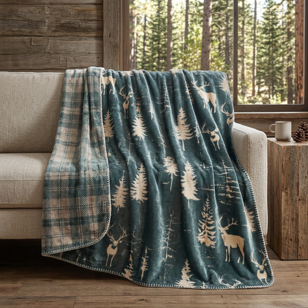 Couverture Deer Stand déployée sur un divan dans une ambiance chalet