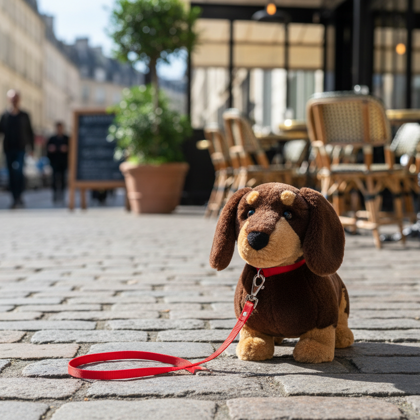 Jellycat Otto Sausage Dog - lifestyle balade en ville avec laisse