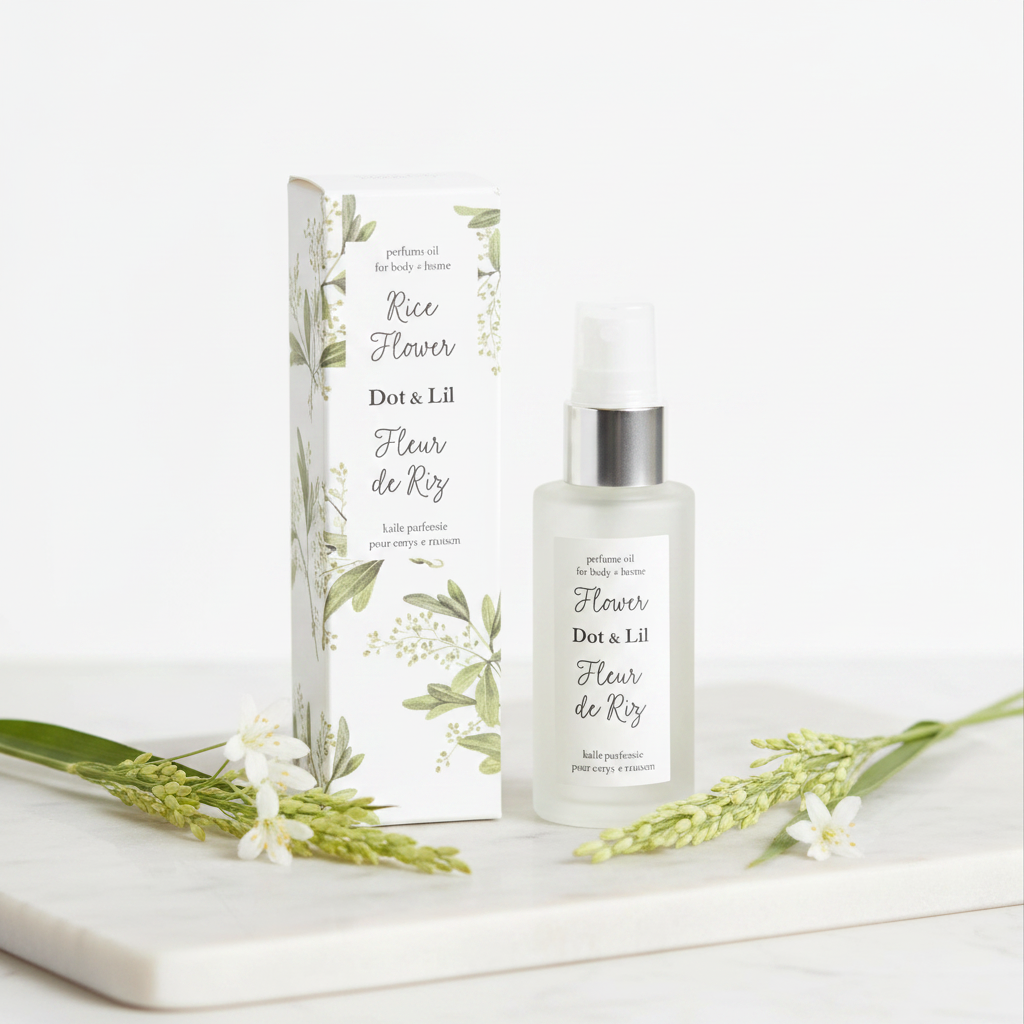 Huile parfumée Fleur de Riz Dot & Lil boîte botanique sur marbre