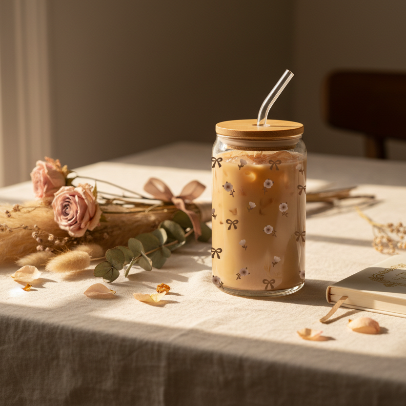 Verre – Fleurs & Nœuds Bruns 16 oz | Alarocque Design
