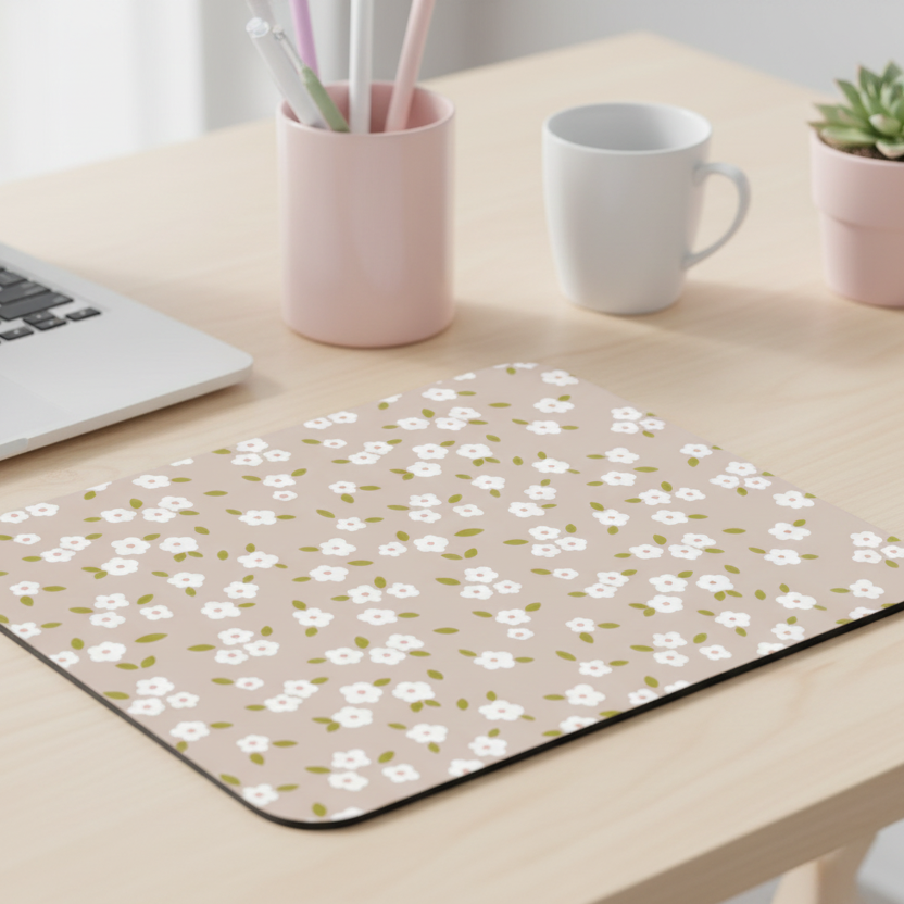 Tapis de Souris Bloom Blanc — Fleurs Blanches & Feuilles Vert Olive sur Grège | Bureau Girly