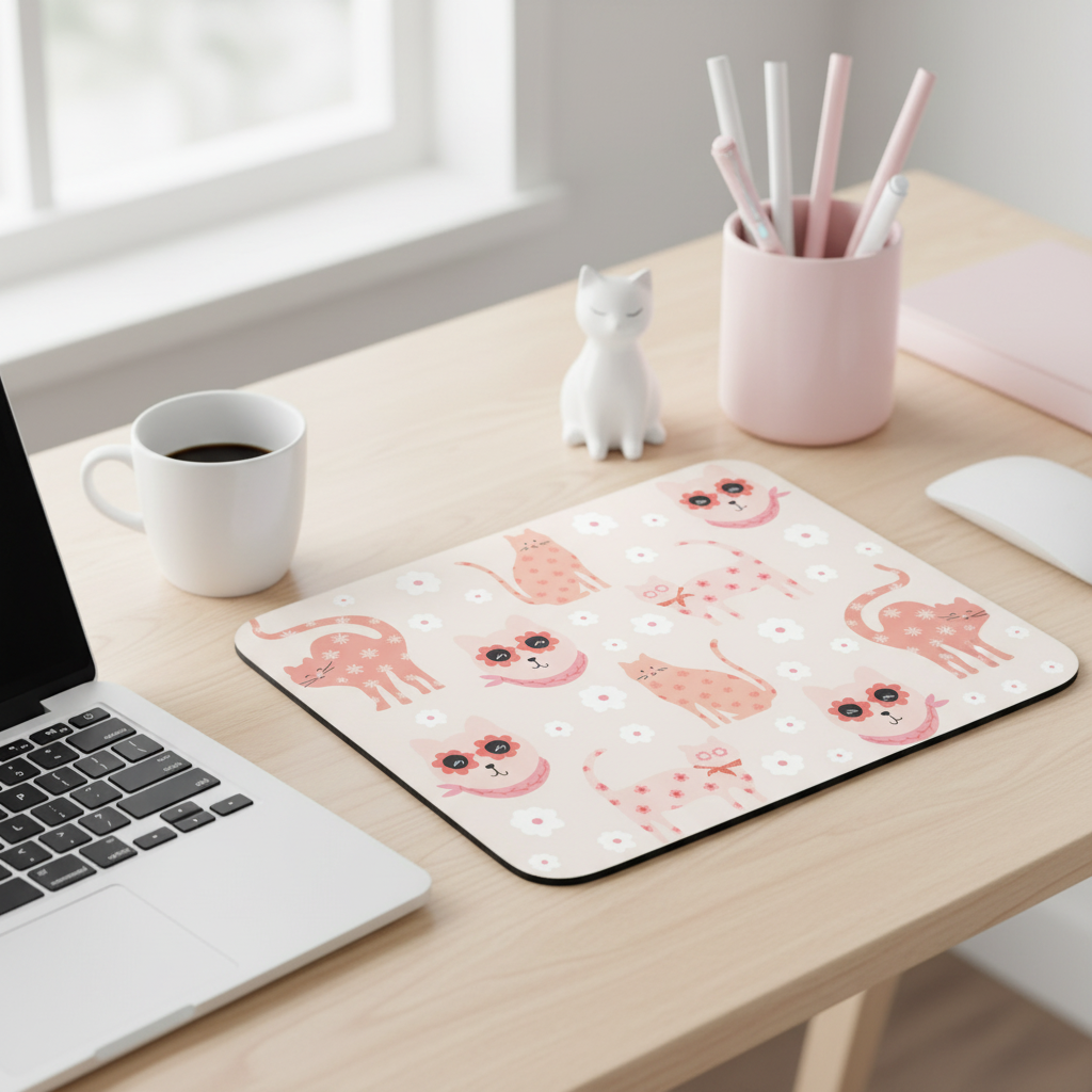 Tapis de Souris Chats Fashion — Chatons Roses, Lunettes Fleuries & Marguerites | Bureau Girly