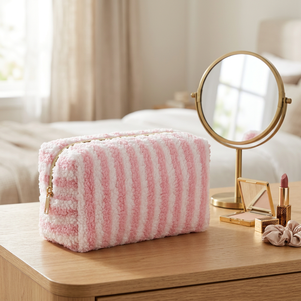 Trousse de maquillage moelleuse en sherpa rayée rose josslyn