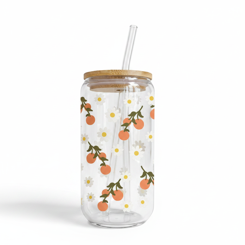 Verre Fleurs d’Oranger 16 oz — Marguerites & Oranges | Couvercle Bambou & Paille en Verre