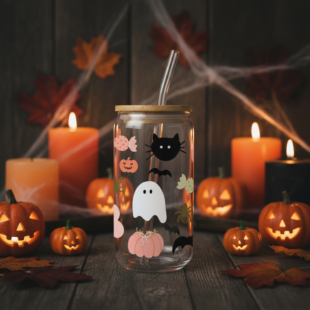 Verre Halloween 16 oz — Fantôme, Chat Noir & Citrouille | Couvercle Bambou & Paille en Verre