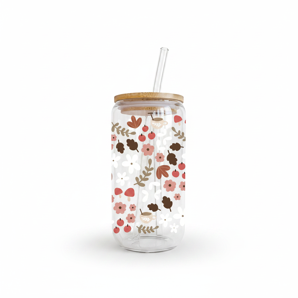 Verre Mosaïque d’Automne 16 oz — Fleurs, Pommes & Café | Couvercle Bambou & Paille en Verre