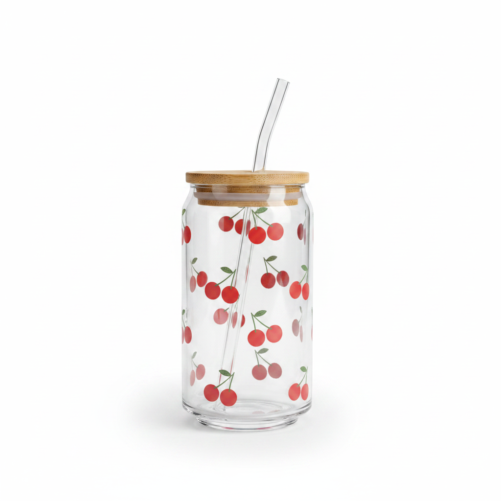 Verre Petites Cerises 16 oz — Cerises Rouges Rétro | Couvercle Bambou & Paille en Verre