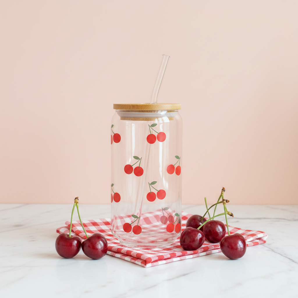 Verre Petites Cerises 16 oz — Cerises Rouges Rétro | Couvercle Bambou & Paille en Verre