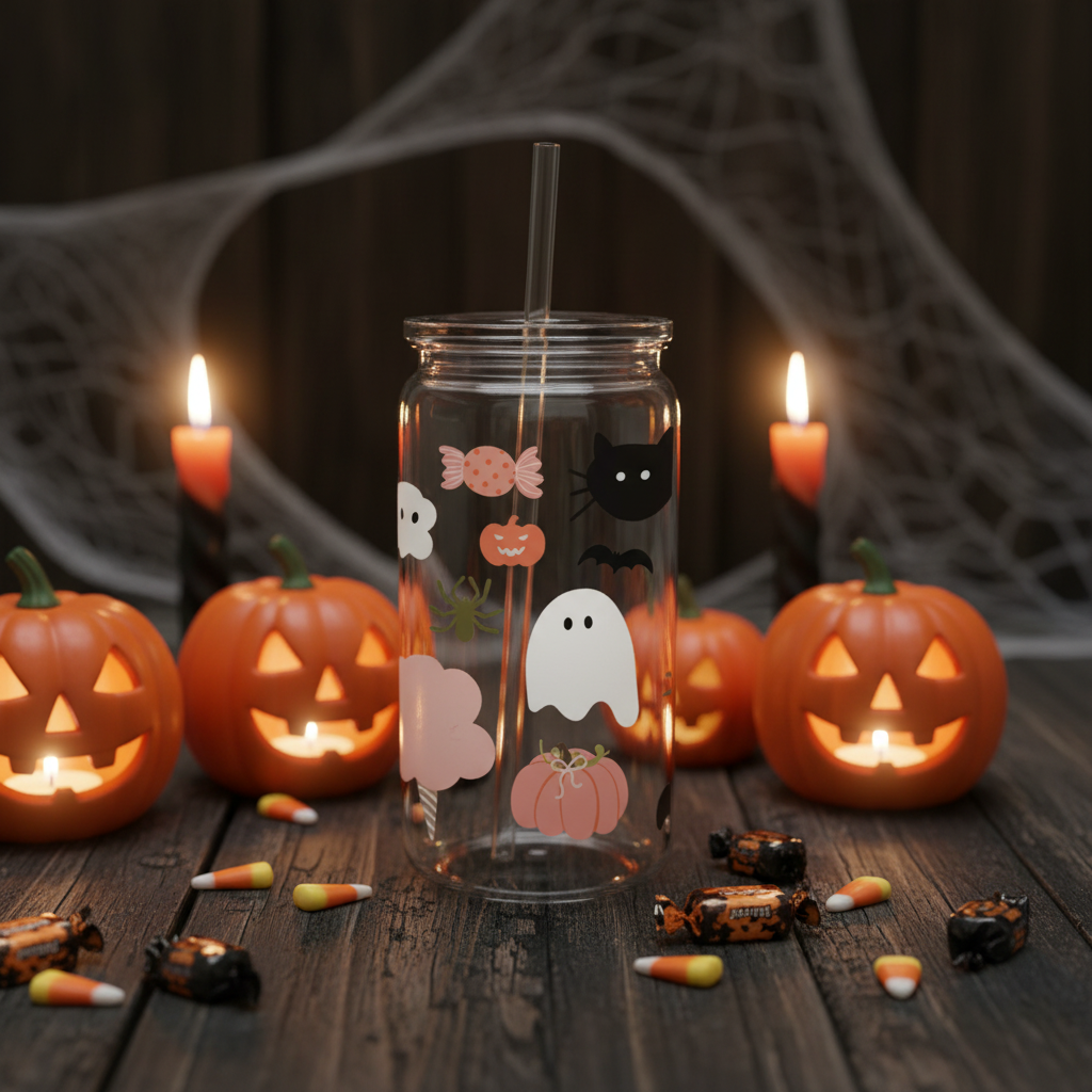 Verre en Plastique Halloween 16 oz — Fantôme, Chat Noir & Citrouille | Couvercle Clair & Paille