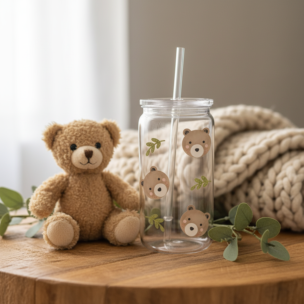Verre en Plastique Oursons 16 oz — Petits Ours & Feuilles | Couvercle Clair & Paille