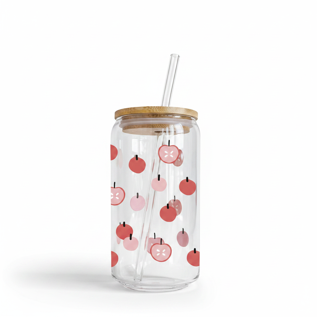 Verre Pommettes 16 oz — Pommes Mignonnes | Couvercle Bambou & Paille en Verre