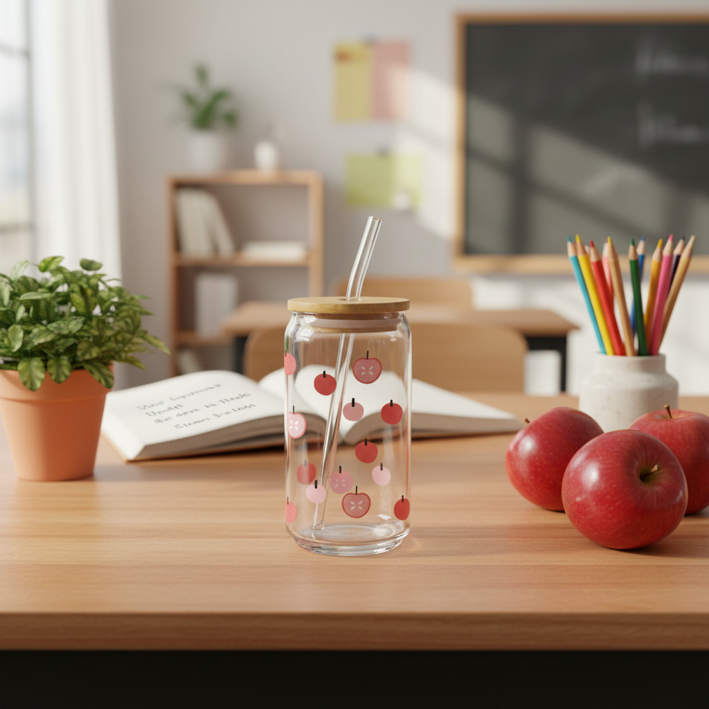 Verre Pommettes 16 oz — Pommes Mignonnes | Couvercle Bambou & Paille en Verre