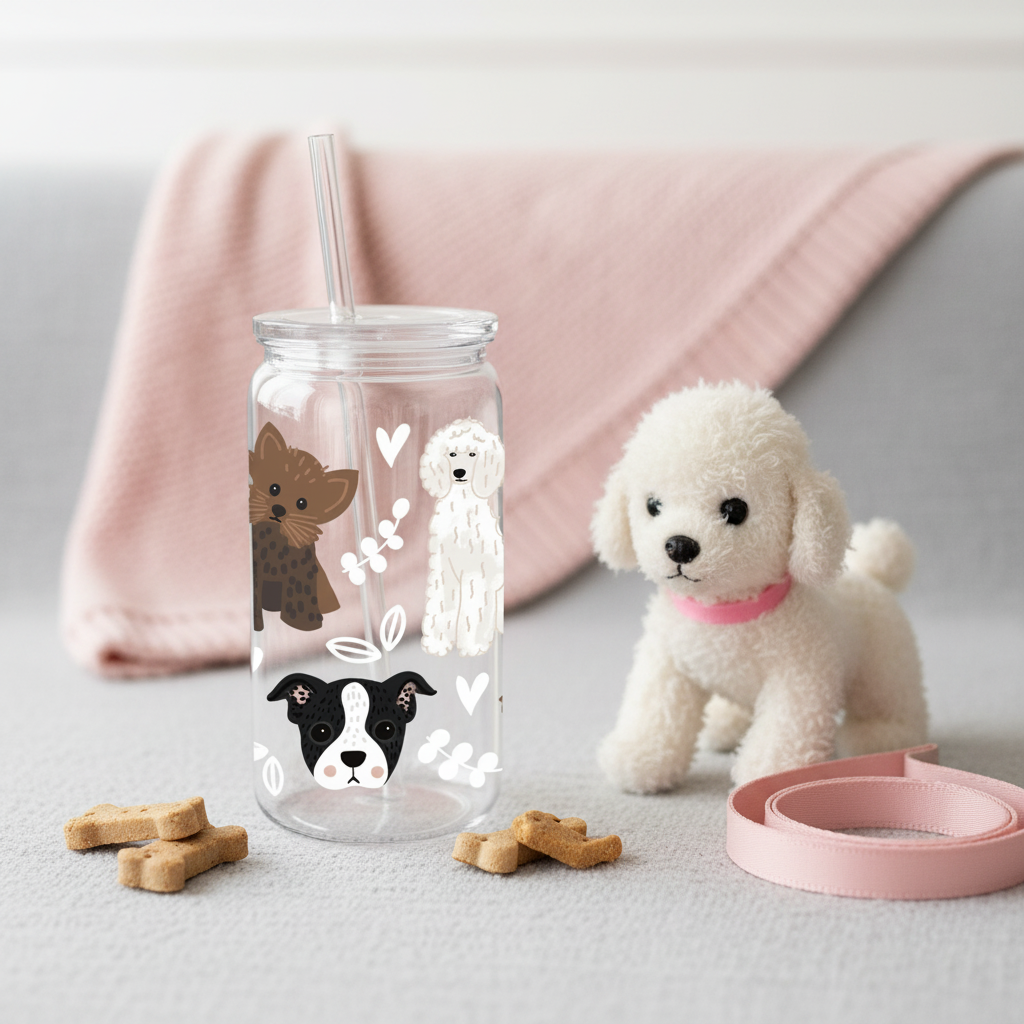 Verre en Plastique Woof 16 oz — Yorkshire, Caniche & Bouledogue | Couvercle Clair & Paille